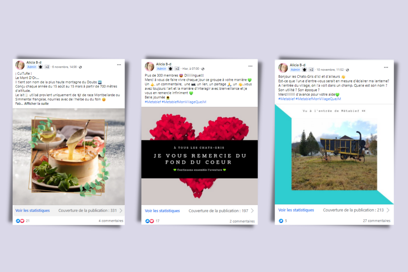 Publications du groupe Facebook Metabief, mon village que j'M Création de groupe Facebook ; Développer une communauté ; Création de contenu visuel et textuel de marque ; Susciter de l'engagement ; Fidéliser la communauté ; Alicia Berthier Derose ; Effervescence de Com